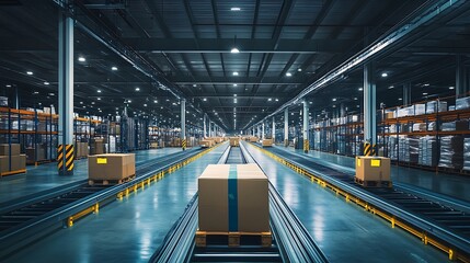 Obraz premium Boxes Moving on Conveyor Belt in Warehouse Distribution