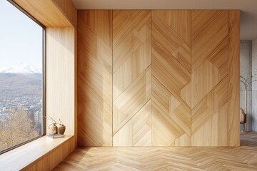 Sunlit interior with a large window offering a mountain view, featuring a geometric wooden wall and herringbone wood flooring