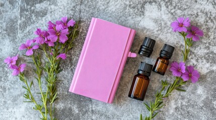 Pink notebook and essential oil bottles surrounded by flowers.