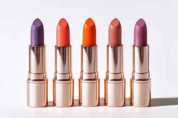 Obraz premium Five lipstick tubes in various shades of coral, orange, and mauve against a white background