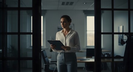 Confident businesswoman holding clipboard standing in modern office, thoughtful expression, corporate setting