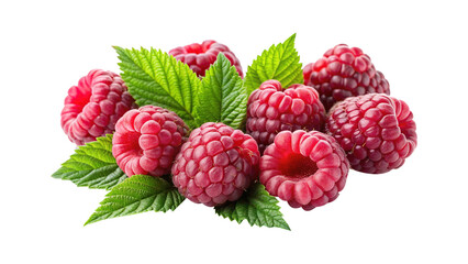Delicious and visually appealing arrangement of fresh ripe raspberries with green leaves
