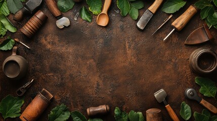 Various artisan tools and utensils arranged on a rustic surface.