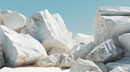 A sunlit expanse of large, angular white marble blocks rests against a clear blue sky. The scene evokes a quarry or a monumental sculpture site