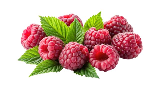 Delicious and visually appealing arrangement of fresh ripe raspberries with green leaves