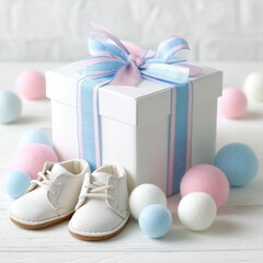 White gift box, baby shoes, pastel balls