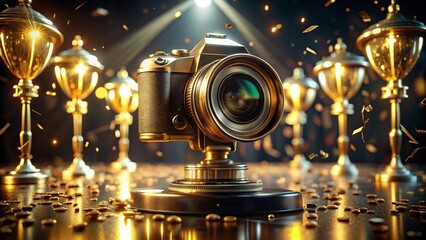 A vintage gold film camera with an isolated black lens gleams against a dark background, a classic antique photography object