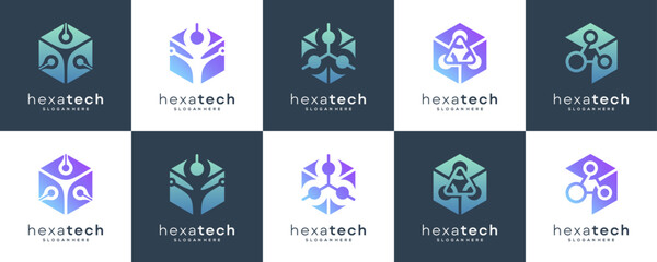 Set Collections of Hexagonal Cube with Connection Molecule Tech, Logo Design Inspirations.
