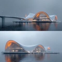 Obraz premium Modern, curved building on water, misty