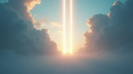 Ethereal golden light beams pierce through the soft, billowing clouds, creating a heavenly gateway in the serene blue sky