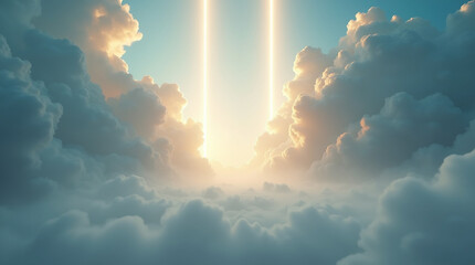 Ethereal glow between towering clouds, two radiant beams pierce the heavens, illuminating a serene sky