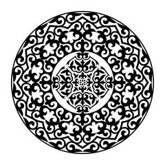 Black and white lace round frame plate. Traditional round Turkic ornament. Oriental black round pattern with arabesques. For ceramic, embroidery, sandblasting, laser. Islam, Indian, Ottoman motif
