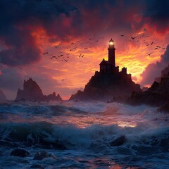 Lighthouse At Dramatic Sunset Over Rocky Coastline