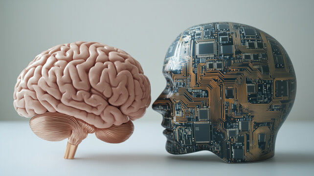 Realistic human brain beside digital brain made of circuits and chips on white surface symbolizing AI and human fusion