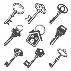 Isolated collection of antique skeleton keys for a vintage door lock