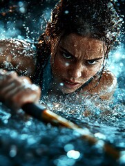 Intense Action, Female Athlete, Water Environment, Sports Photography, Dramatic Perspective, Adventure Concept