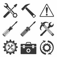 Obraz premium Seamless pattern of vector tool icons: hammer, wrench, screwdriver, saw, and other construction and repair equipment symbols