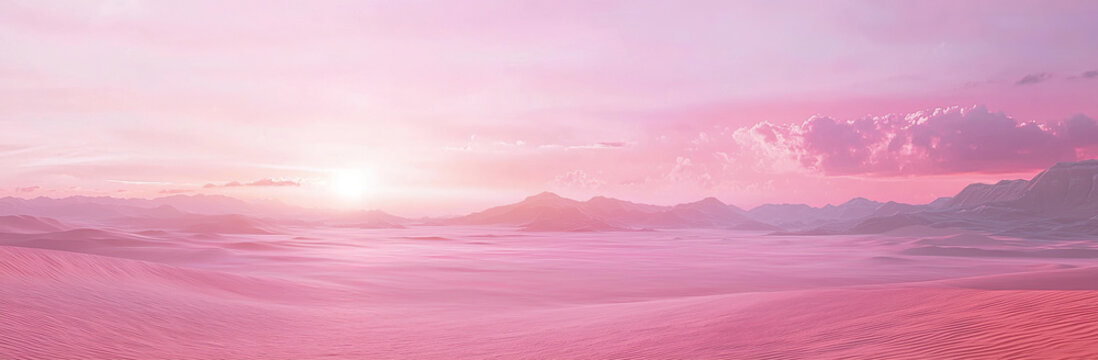 Wide shot of the desert, dunes with a pink sky. Abstract landscape background