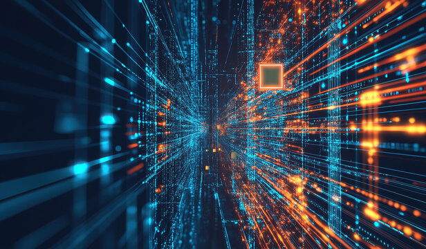 Code and data flow on a chip, with glowing digital lines flowing from the core of the circuit board .Technology background . 