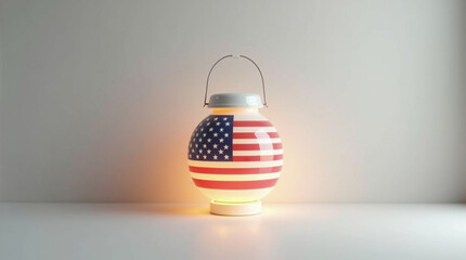 Illuminated american flag lantern, isolated on white background, casting a soft glow