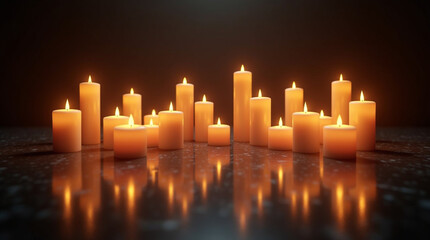 A warm gathering of glowing candles, their light reflected on the dark, polished surface, creating a serene and inviting atmosphere