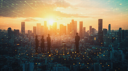 Fototapeta premium business team stands on the peak of success amid tall innovative Smart city with connection network reciprocity over the cityscape social media networking systems that connects on the peak of succes