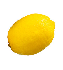 Side view of single fresh ripe yellow lemon fruit with water droplets isolated on white background with clipping path
