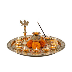 Indian hindu god puja Aarti plates with burning lamp and flowers on White background PNG file 