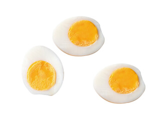 Top view set of cooked or boiled chicken eggs with egg yolk in three halves isolated on white background with clipping path