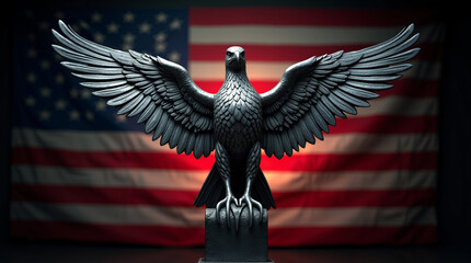 A majestic silver eagle statue with outstretched wings, standing proudly against the backdrop of a blurred american flag