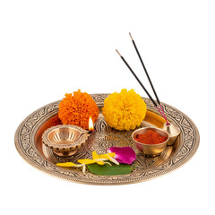 Indian hindu god puja Aarti plates with burning lamp and flowers on White background PNG file 