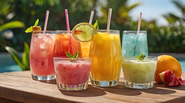 Assortment of vibrant, refreshing drinks by the poolside on a sunny day.