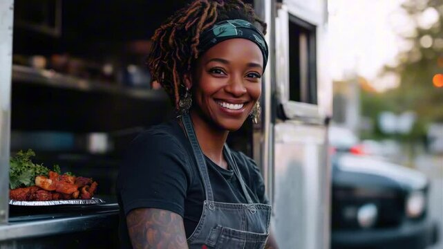 Smiling African American Woman with dreadlocks is smiling and standing in front of a food truck. She is wearing a black shirt and apron