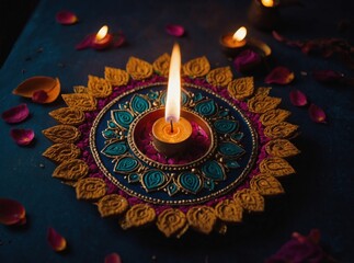 Lit Candle Centerpiece on Decorative Plate Surrounded by Flower Petals