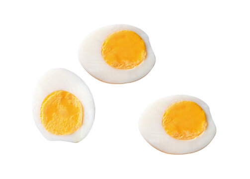 Top view set of cooked or boiled chicken eggs with egg yolk in three halves isolated with clipping path in png file format