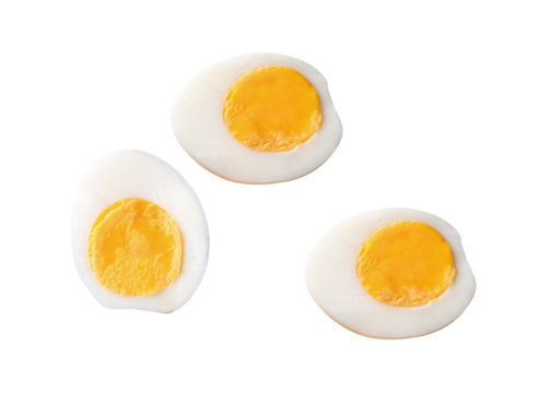Top view set of cooked or boiled chicken eggs with egg yolk in three halves isolated with clipping path in png file format