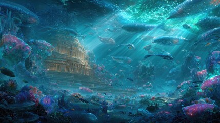 Obraz premium Submerged City Glowing Coral Reef Underwater