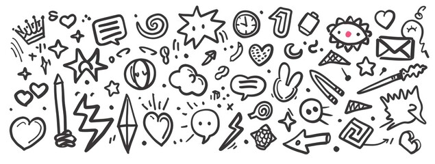 Doodle hand drawn doodles, symbols and elements for design like speech bubbles, arrows up, spiral swirls, lightning bolts, stars, heart shapes, diamond ring icons