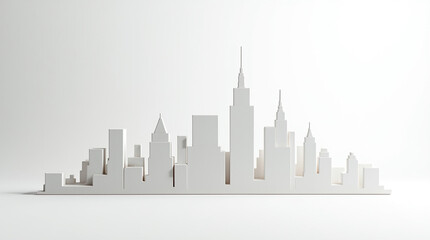 A pristine white cityscape silhouette, isolated on white background, showcasing a minimalist architectural design with varying building heights and spire details