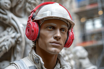 Construction worker with red ear protection and helmet focused
