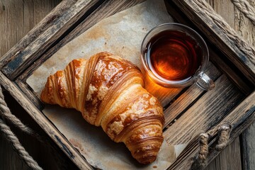 Croissant and tea on a wooden tray.