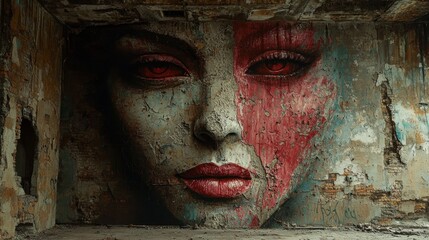 Weathered Wall Portrait of a Woman with Red Eyes in Shades of Blue and Brown in an Abandoned Room