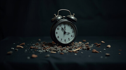 A vintage alarm clock rests on a bed of scattered earth and stone, time standing still against a dark, muted backdrop