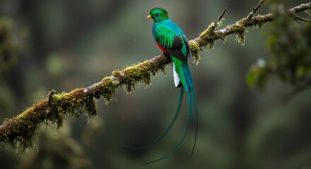 Fototapeta premium Stunning Resplendent Quetzal bird with vibrant green and red plumage perched on a mossy branch in a misty forest.