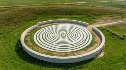 A spiral design on a circular concrete platform in a grassy field.