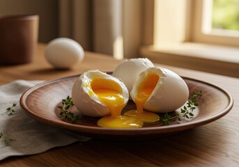 Freshly Cracked Eggs with Bright Yolks on a Wooden Plate Surrounded by Herbs and Natural Light from a Window