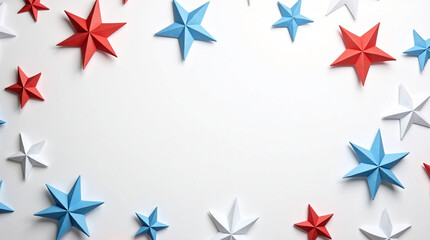 A scattering of red, white, and blue origami stars isolated on white background, creating a festive and patriotic atmosphere