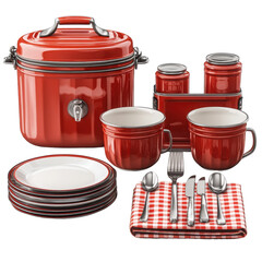 Still life of kitchenware in shades of crimson and white on transparent background