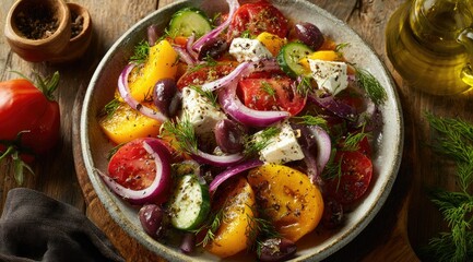 A vibrant overhead shot showcases a fresh Greek salad, composed of ripe tomatoes, cucumbers, red onion, Kalamata olives, feta cheese, and fresh dill, artfully arranged on a rustic wooden surface