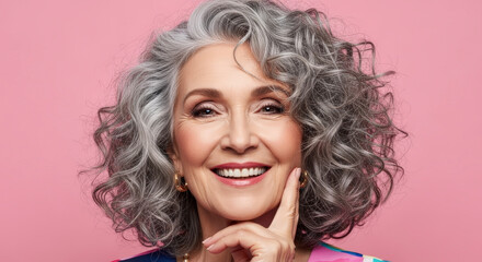 Happy Senior Woman with Silver Hair and Glitter on Face in Front of Pink Backdrop